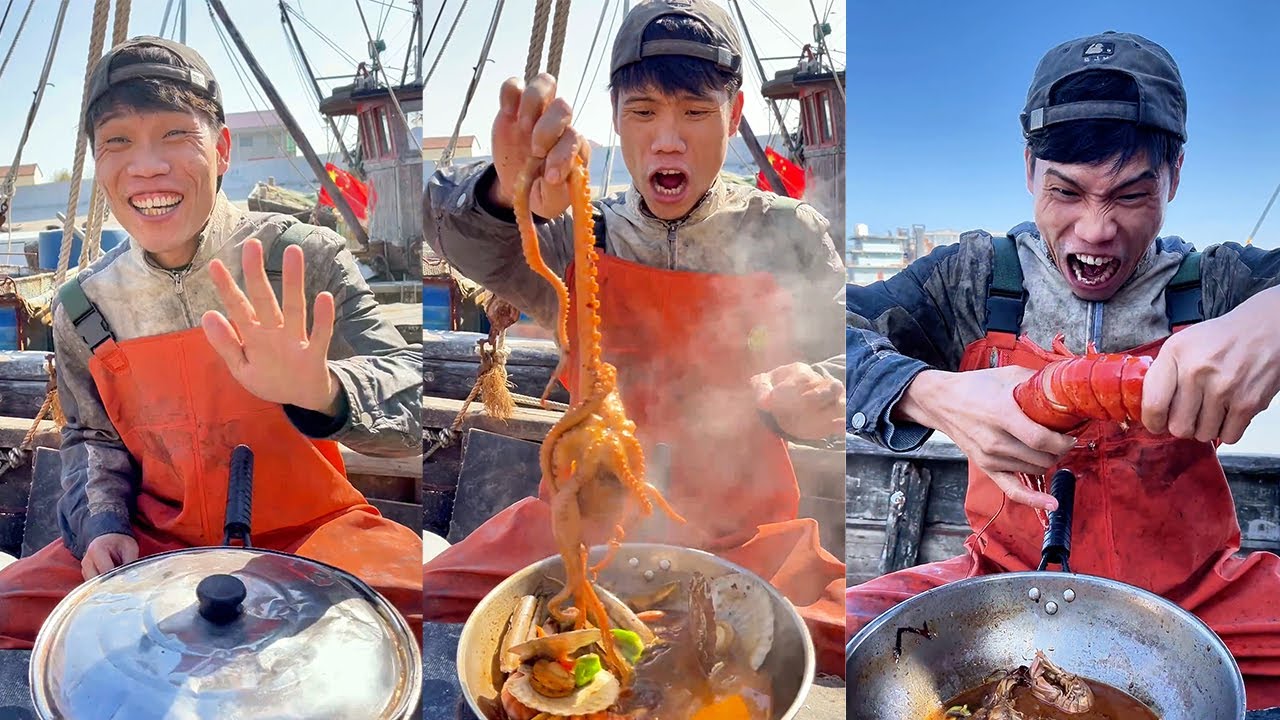 【大食い 】Chinese fishermen eat octopus, Boston lobster, scallops, clams, crabs, razor clams, conches