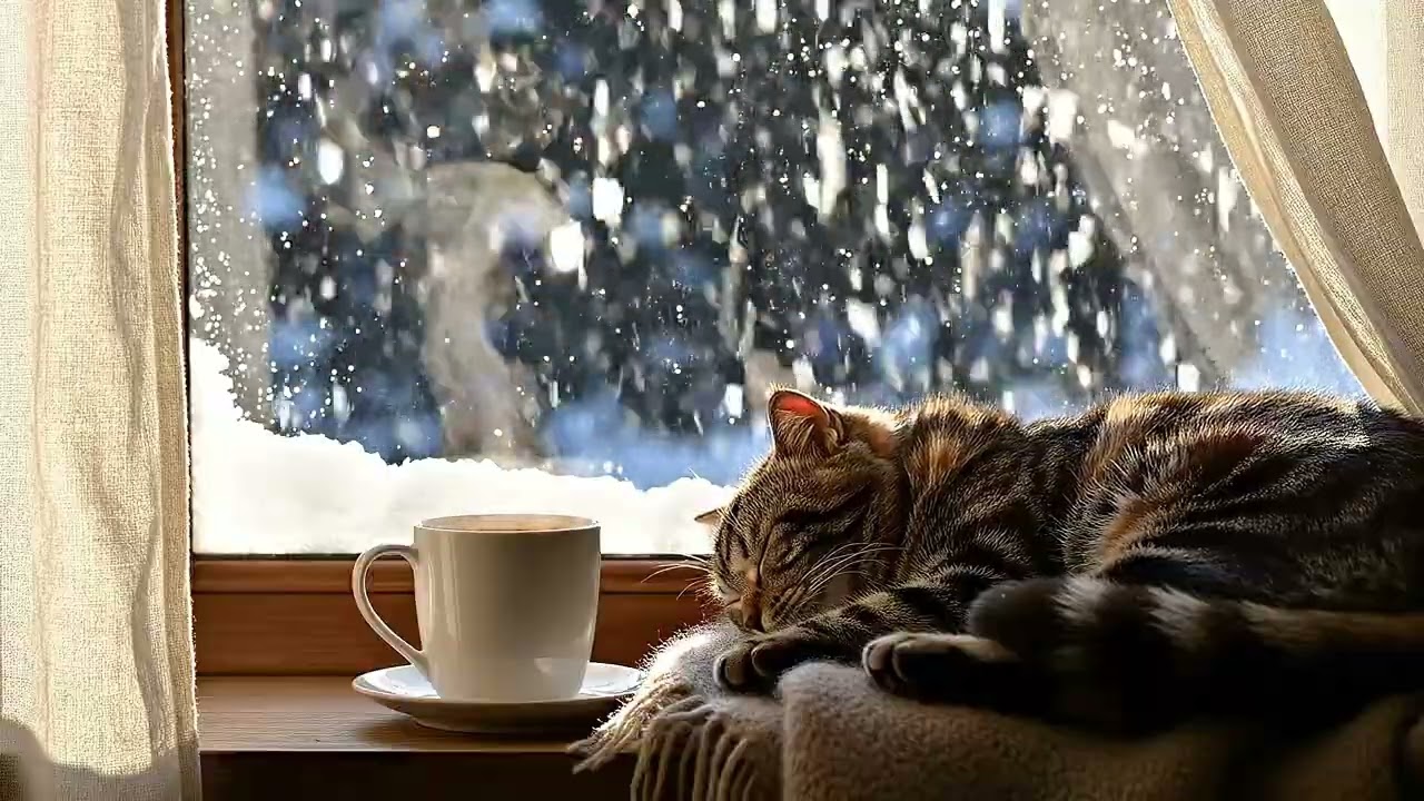 Relaxing 1950s Cozy Warm Morning With Oldies Playing In Another Room For Relaxation And It's Snowing