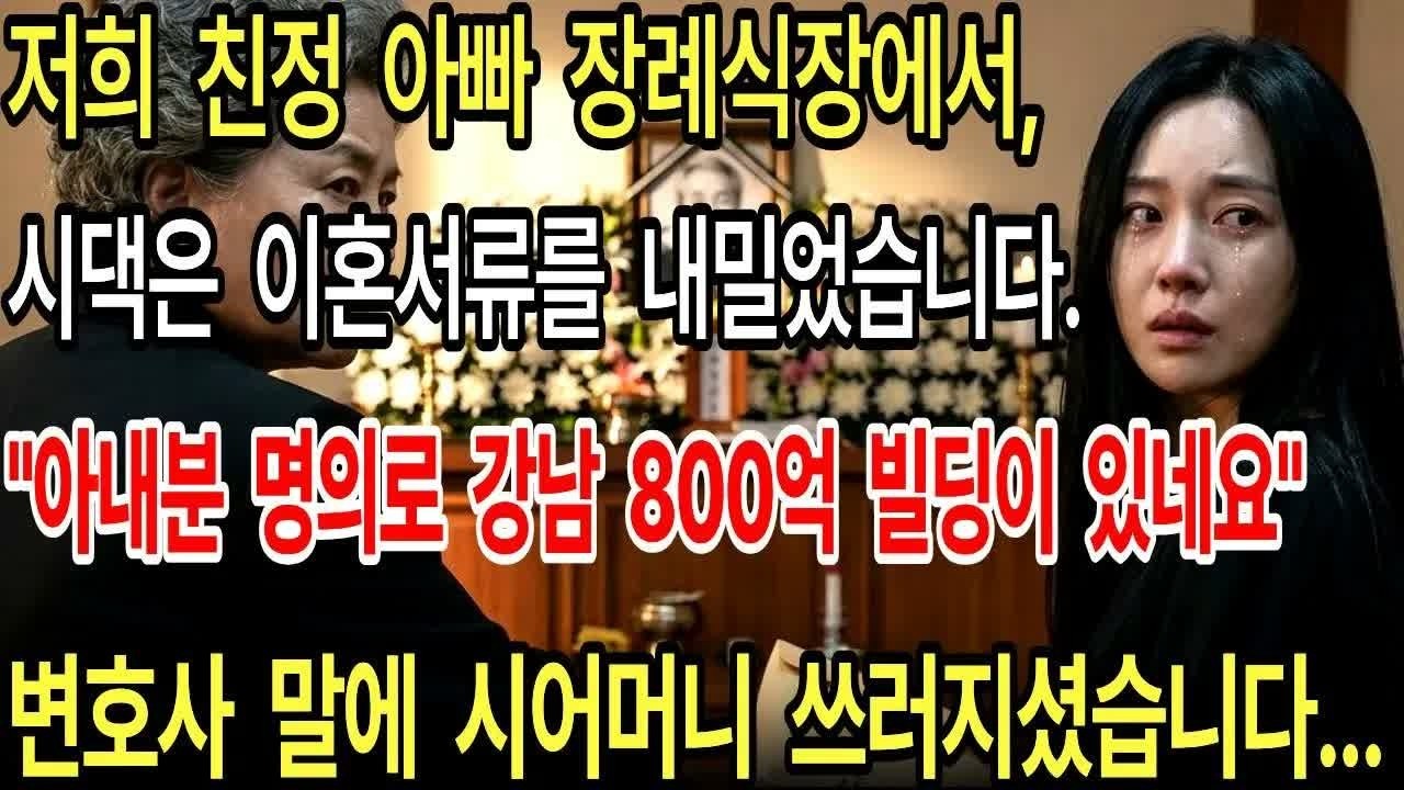 친정 아빠 장례식장에서 시댁이 이혼서류를 내밀었습니다  ＂아내분 명의로 강남 800억 빌딩이 있네요＂ 변호사 말에 시어머니가 쓰러졌습니다