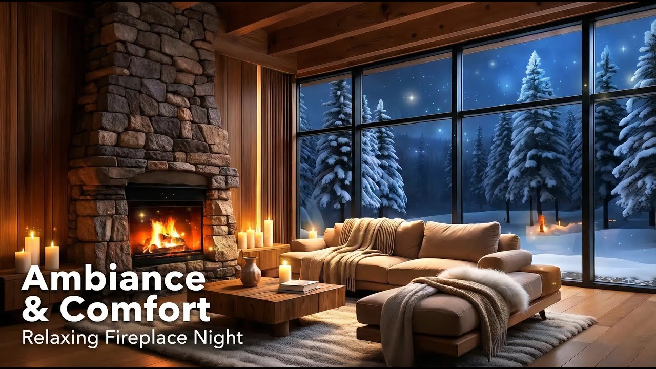 4 Hours Cozy Fireplace in a Winter Cabin ❄️ Snowfall | Emberlight 4K