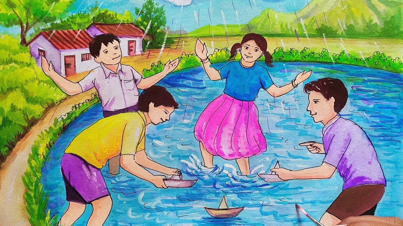 पावसात खेळणारी मुले स्मरणचित्र भाग-42 | elementary intermediate exams memory drawing