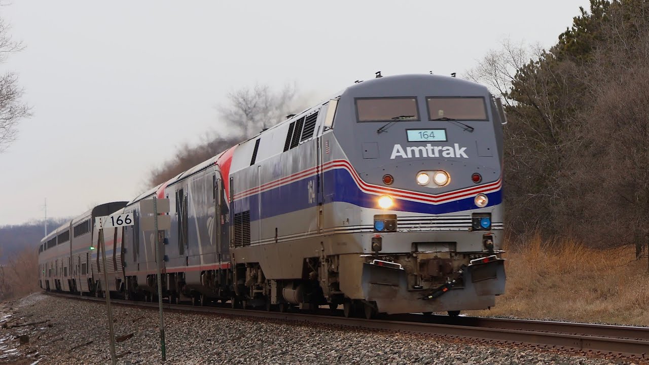 Amtrak 164 Phase IV HU, Amtrak Dash 8, and BNSF AC44 leader on the CPKC around Rio and Portage, WI