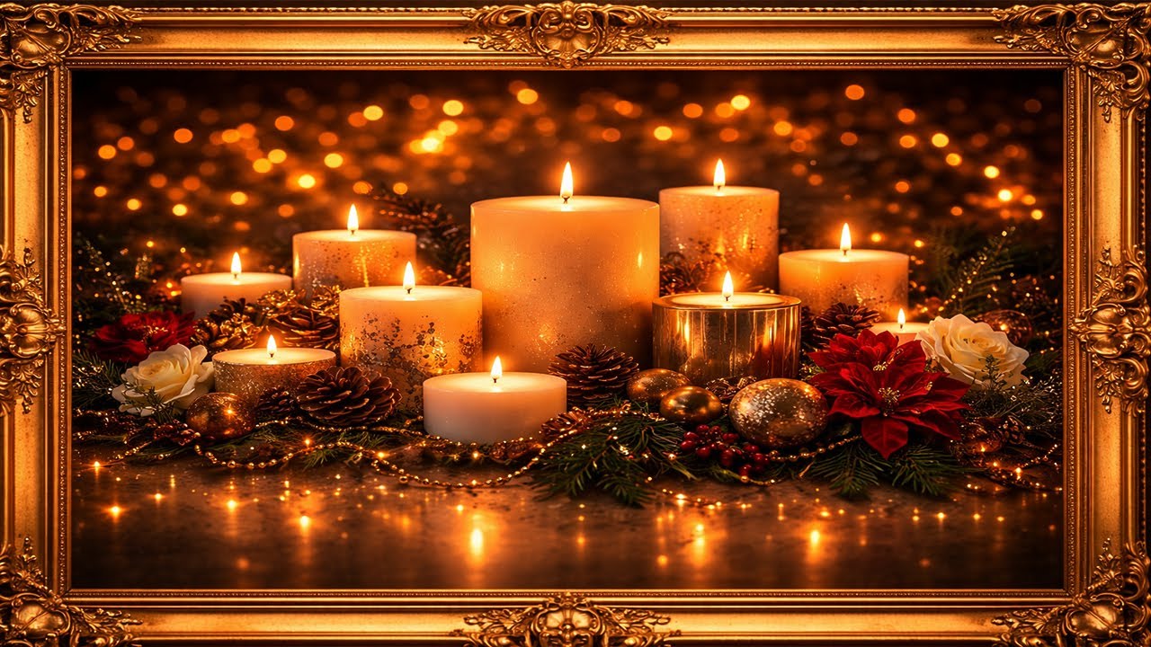 Luxury Golden Candlelight Christmas Wallpaper | 4K Elegant TV Background with Golden Frame