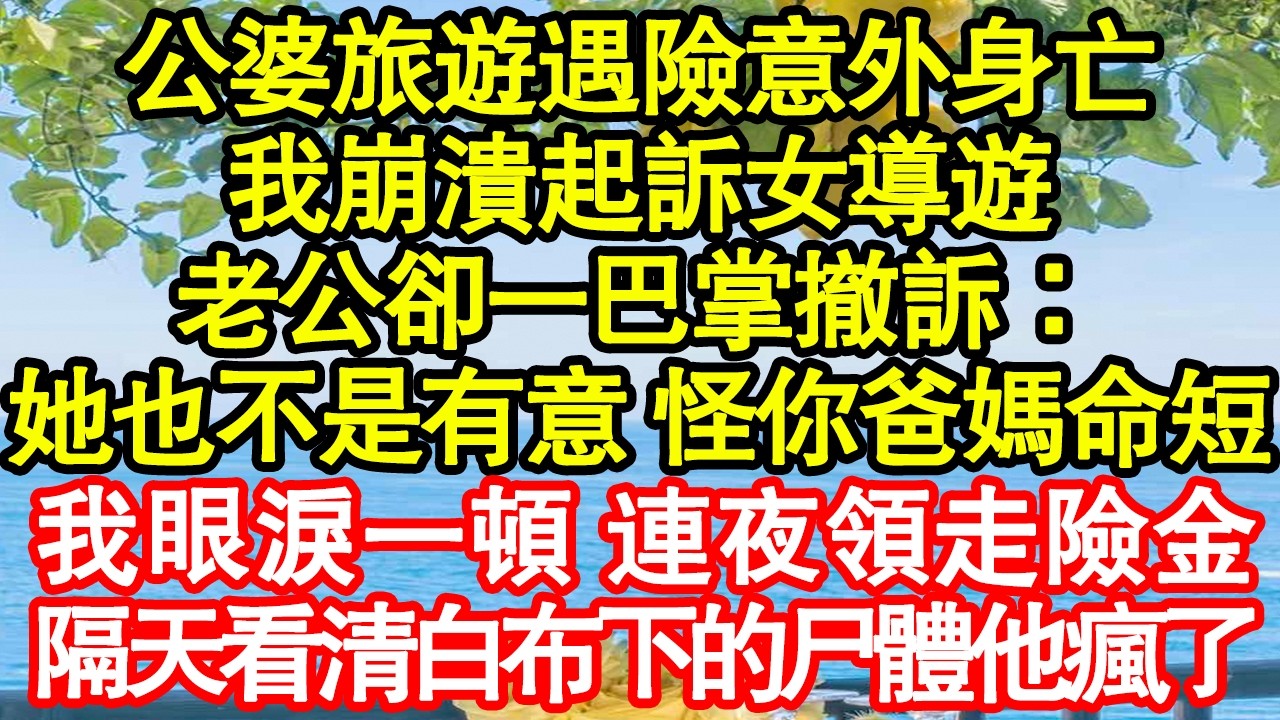 公婆旅遊遇險意外身亡，我崩潰起訴女導遊，老公卻一巴掌撤訴：她也不是有意 怪你爸媽命短，我眼淚一頓 連夜領走險金，隔天看清白布下的尸體他瘋了真情故事會|老年故事|情感需求|養老|家庭正能量