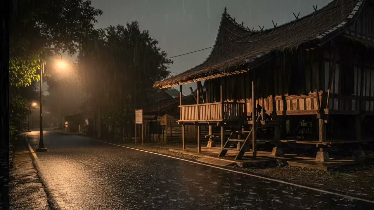 Gentle Roadside Night Rain by a Traditional Sundanese House | 15 Min Relaxing ASMR