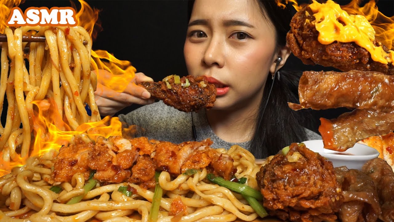 ASMR Super SPICY Fried Chicken & NOODLES 🔥🔥 | Eating Sounds