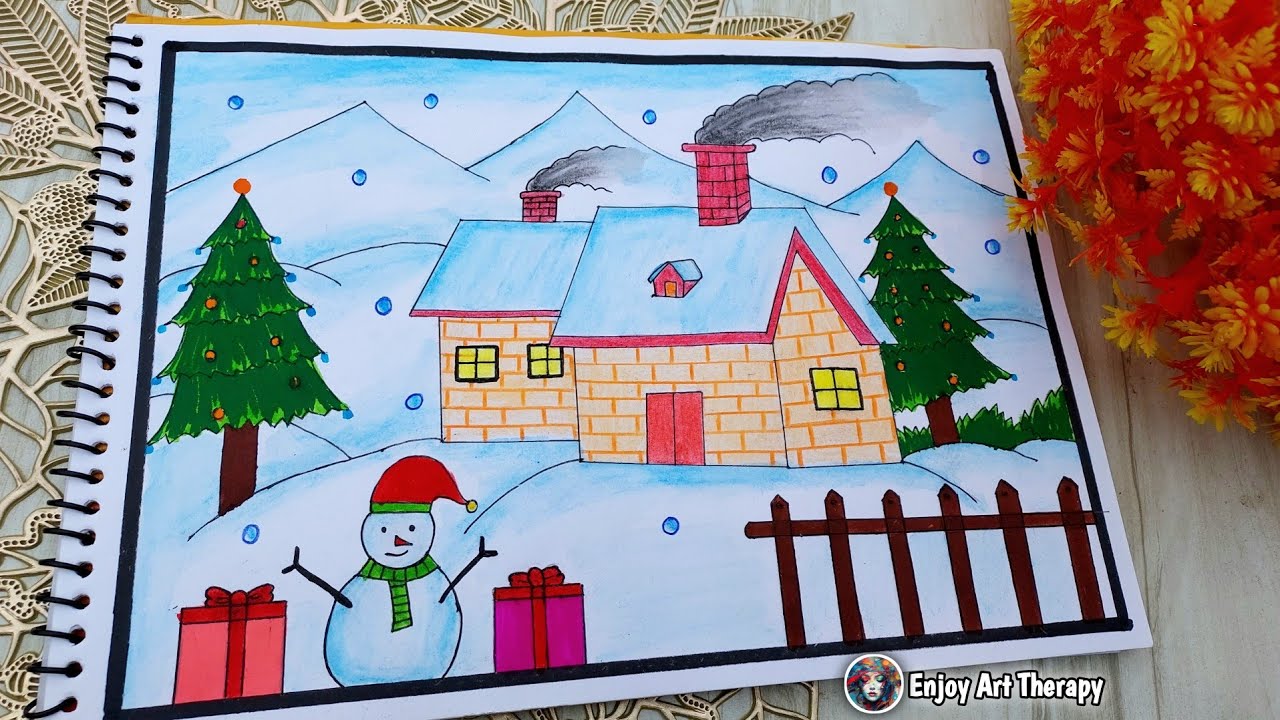 Christmas Poster Drawing 🎄 || Merry Christmas Drawing || Winter Scenery Drawing 