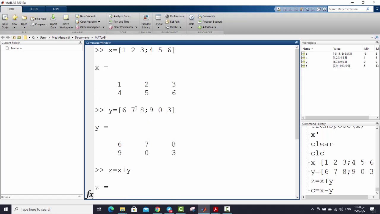 ماتلاب الفصل الثاني ج9 (المصفوفات) جمع وطرح المصفوفات |   (Matlab chaptuer 2 part 9 (Matrices