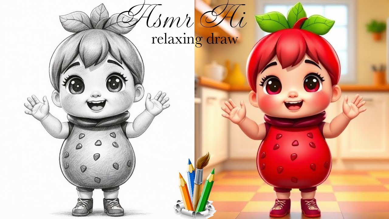 Little Girl Eating Pomegranate 🍎 | Relaxing Draw & ASMR AI | Before & After