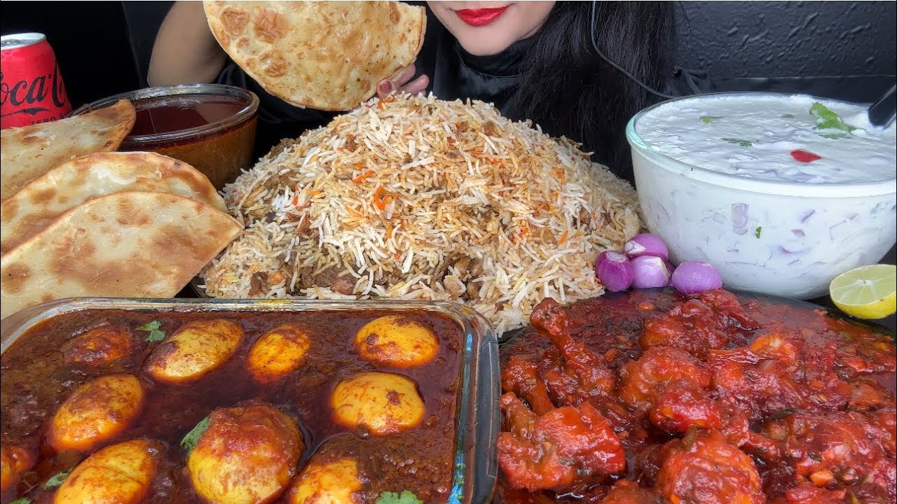 ASMR EATING SPICY CHICKEN BIRYANI,CHICKEN LOLLIPOP,EGG CURRY,SOFT PARATHA,RAITA AND EXTRA GRAVY