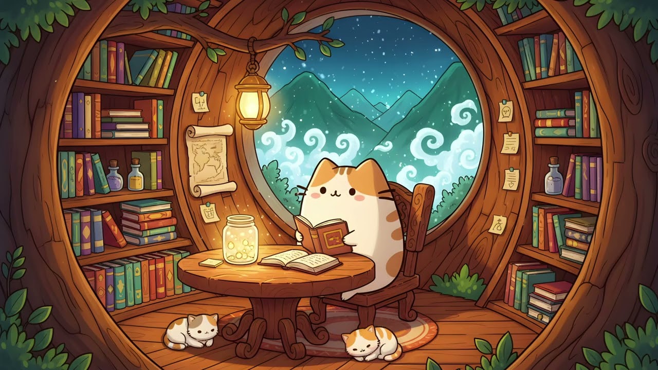 Mochi Cat’s Forest Library Night 🌿📚 Soft Lofi Beats with Warm Light & Peaceful Study Vibes