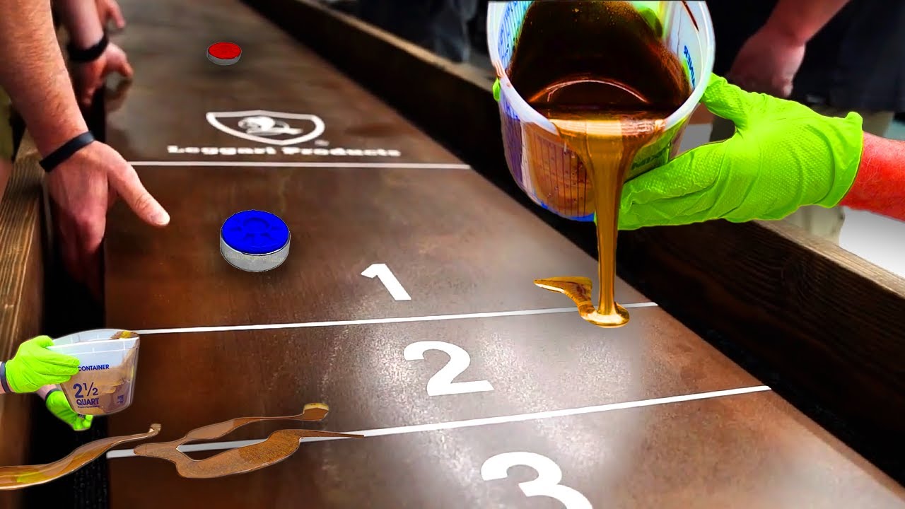 Pouring Custom Epoxy Resin Shuffleboards! Beautiful Gold & Wood Toned Surfaces