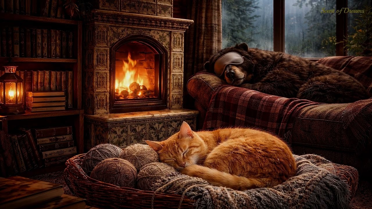 8 Hours Soft Crackling Fireplace Sounds | Cozy Cabin Ambience  Ember & Bruno