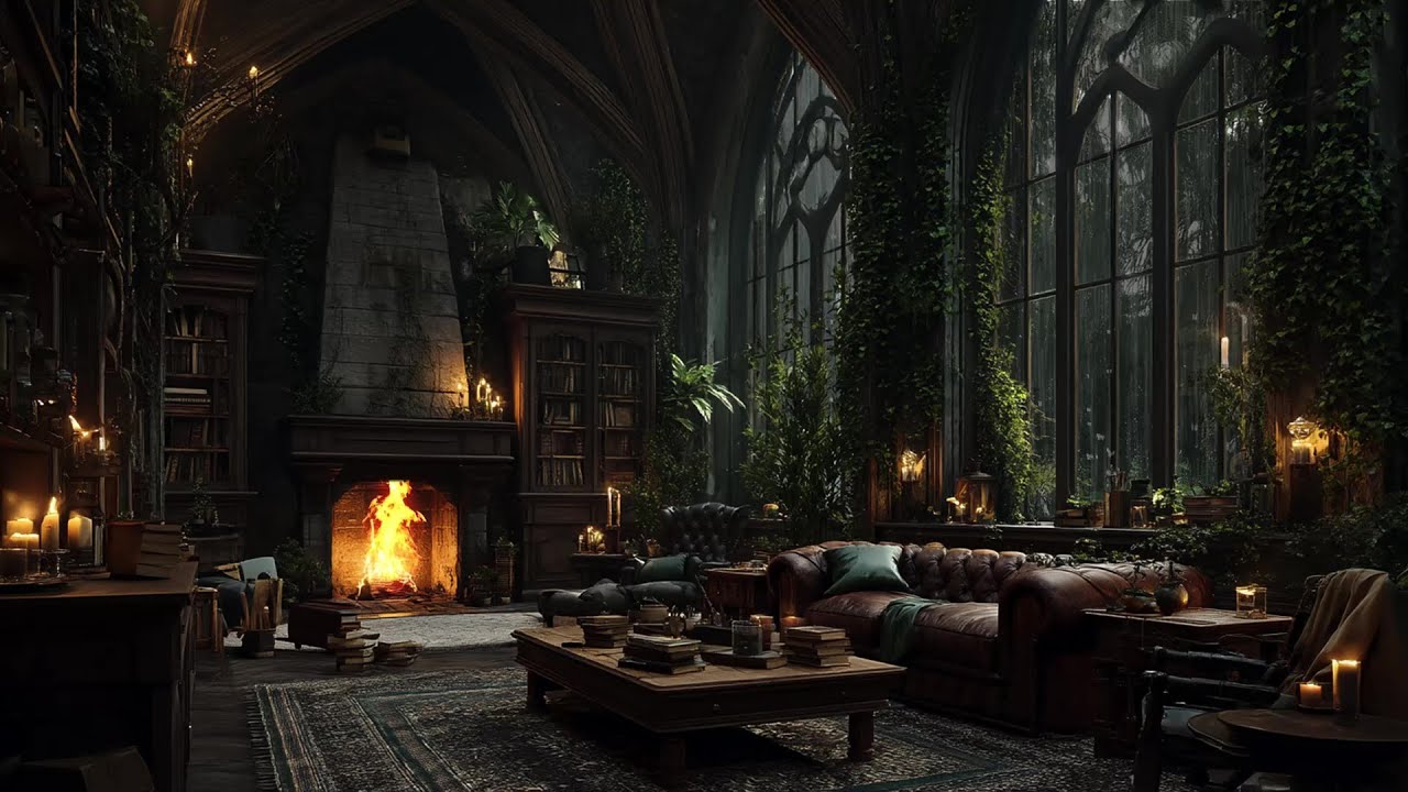 Relax in a Cozy Castle Room 🌧️ Heavy Rain Outside the Window & Crackling Fire at Night