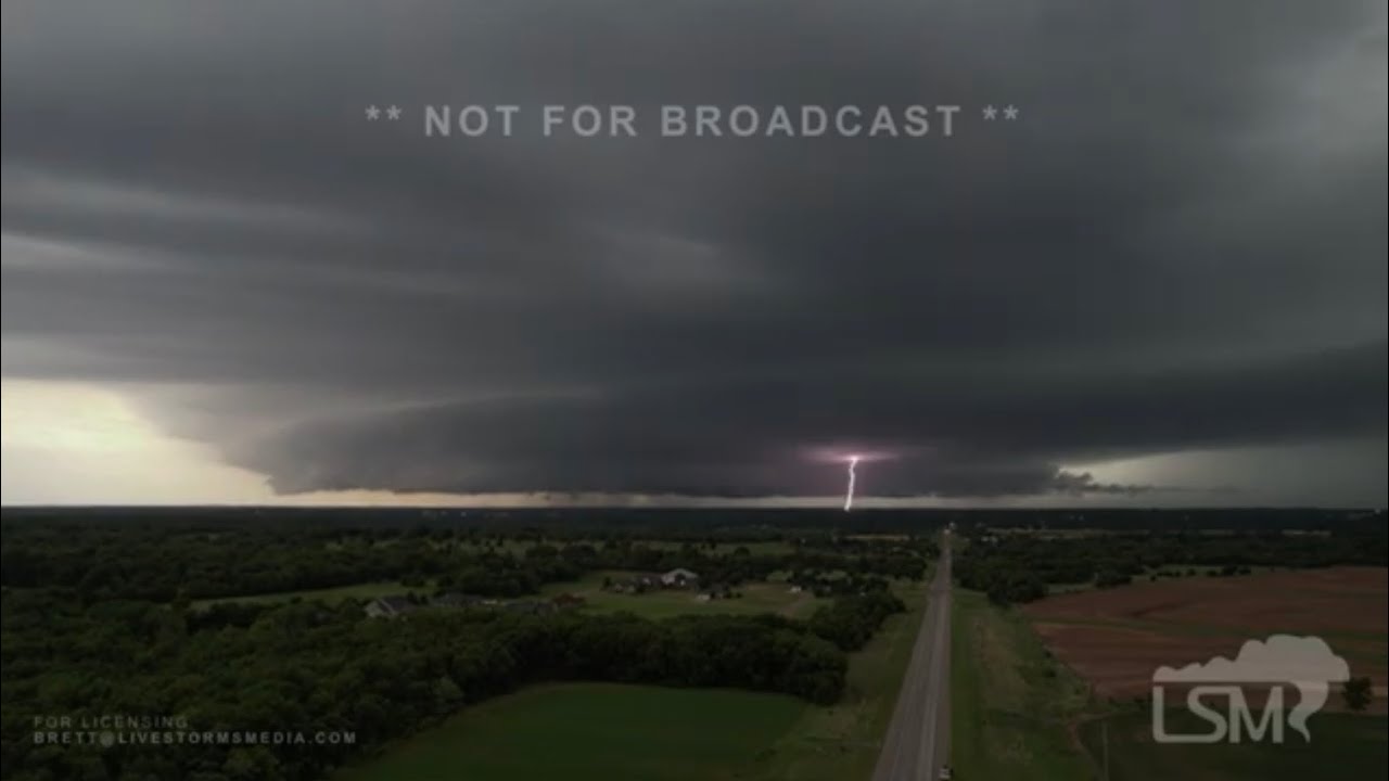 05-31-2022 Arkansas City, KS - Tornado Warned Supercell with  Rotation - Drone - Lightning Strikes