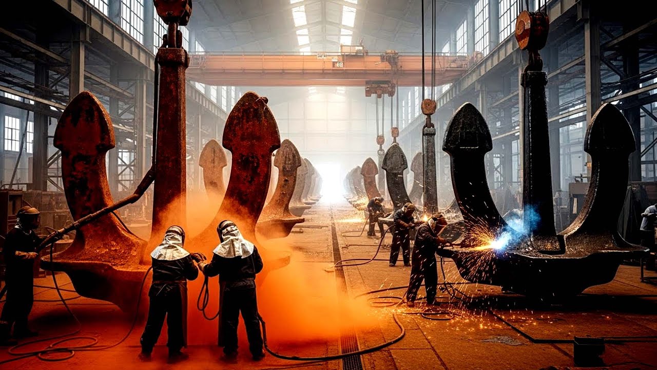 Forging Giant Ship Anchors in Factory Near The Harbor Hammering Red Hot Steel Blocks