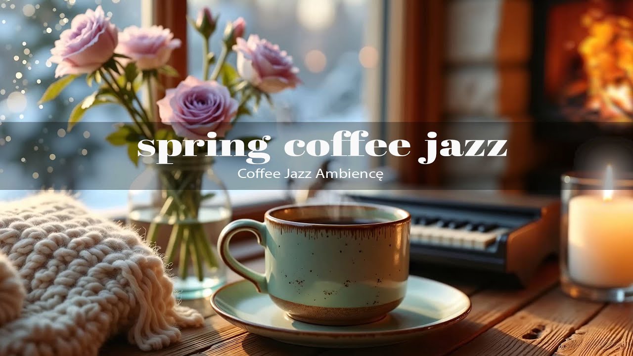 Calm Spring Coffee Shop Ambience ☕ Relaxing Jazz Music & Crackling Fireplace for Stress Relief