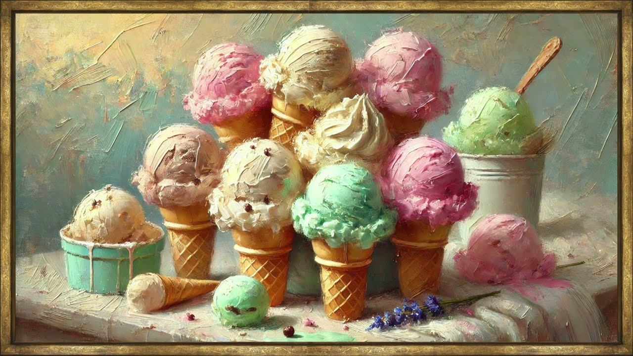 Sweet Summer | Ice Cream Oil Painting TV Screensaver 4K | Antique Gold Wood Frame TV Art | 2 Hrs