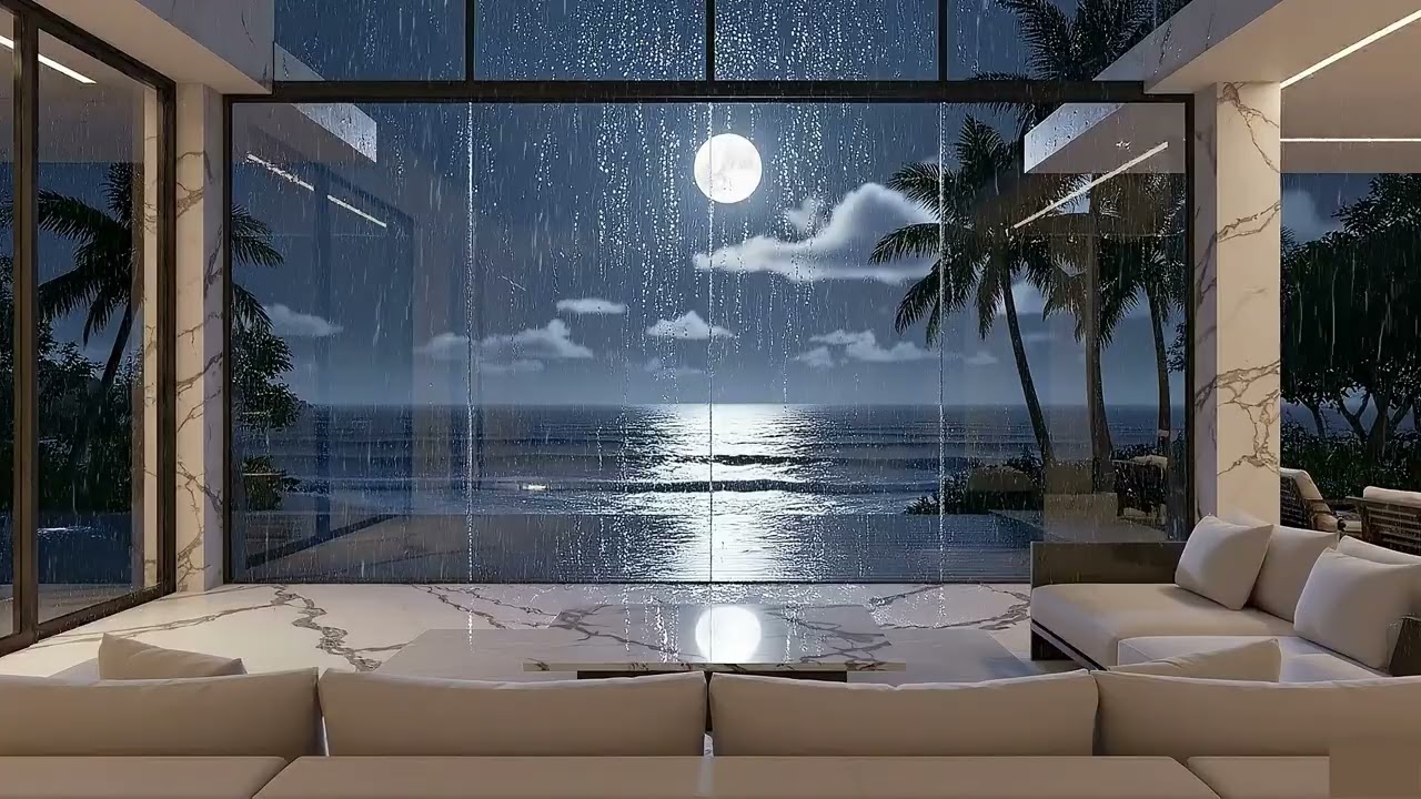 Rain in Glass House – Tropical Ocean Night | Rain Sounds for Sleep & Relaxation
