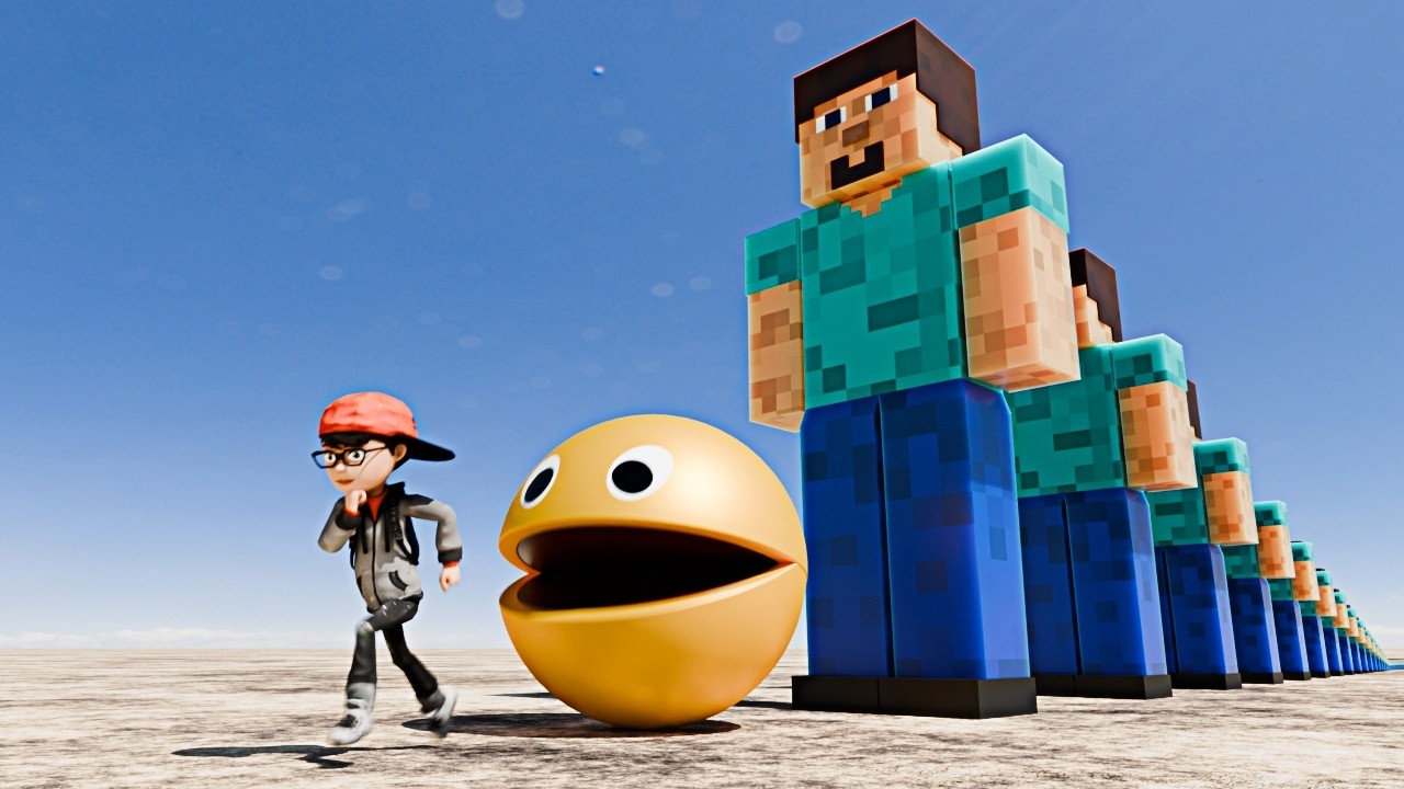 MINECRAFT vs PAC-MAN! 🤯 GIANT STEVE's EPIC Domino Chain Reaction (VFX Animation)