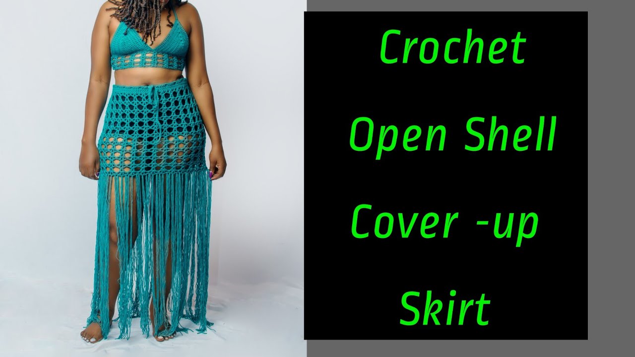 Crochet Open Shell Cover up Skirt with Fringes/Tassels