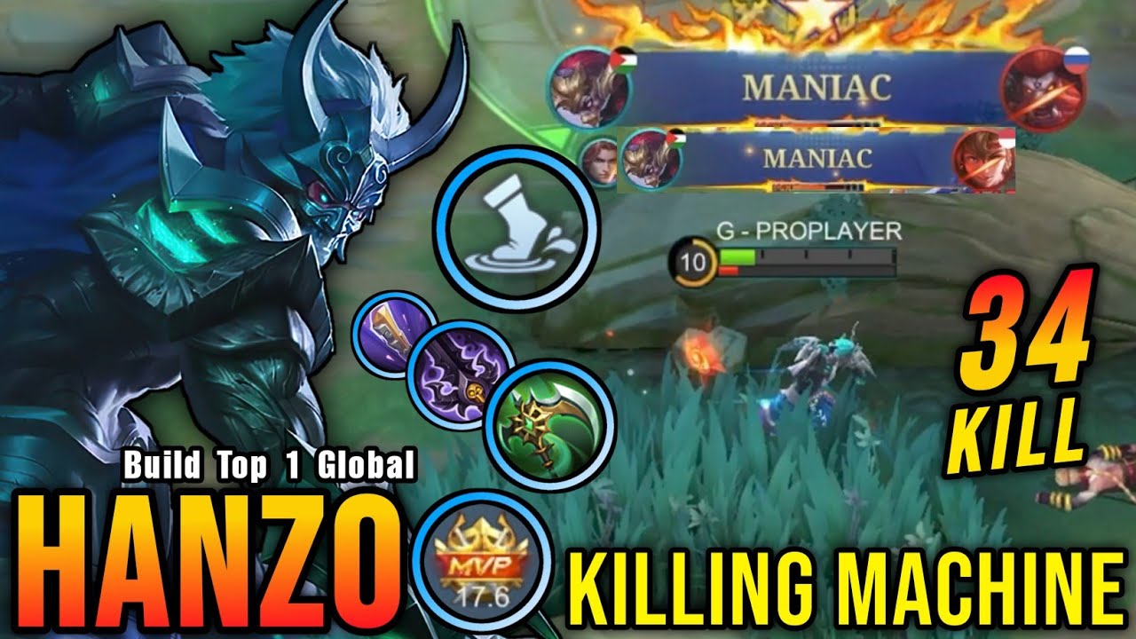34 Kills + 2x MANIAC!! Killing Machine Hanzo with Trinity Build!! - Build Top 1 Global Hanzo ~ MLBB