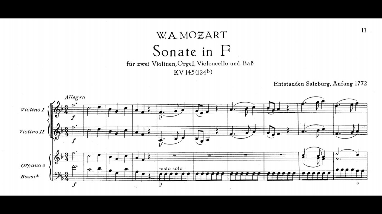 W. A. Mozart - CHURCH SONATA NO. 5 in F major, K.145 / 124b (With Score/Sheet Music)