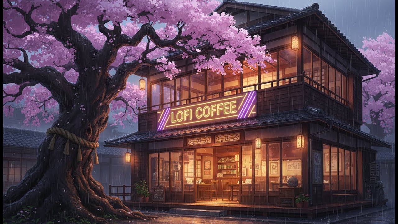 🌧️ Gentle Rain Lofi Study Music For Deep Focus — Neon Sakura Temple Walk Coffee Spot ☕🌸