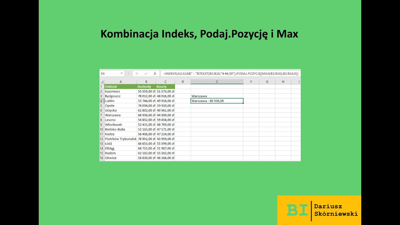 Excel - Zwróć element, który ma najwyższy wynik Indeks, Podaj.Pozycję i Max