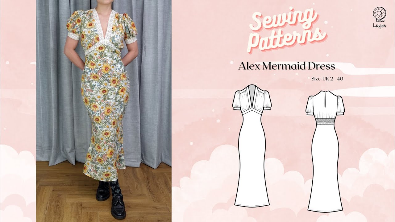 Alex Mermaid Dress Sewing Video  // Digital PDF Sewing Pattern Size UK 2-40 // Luyion