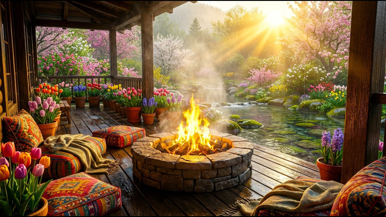 Cozy Veranda Campfire with Rain and Stream 🌊 4K  | Relaxing Sleep 🔥 💤