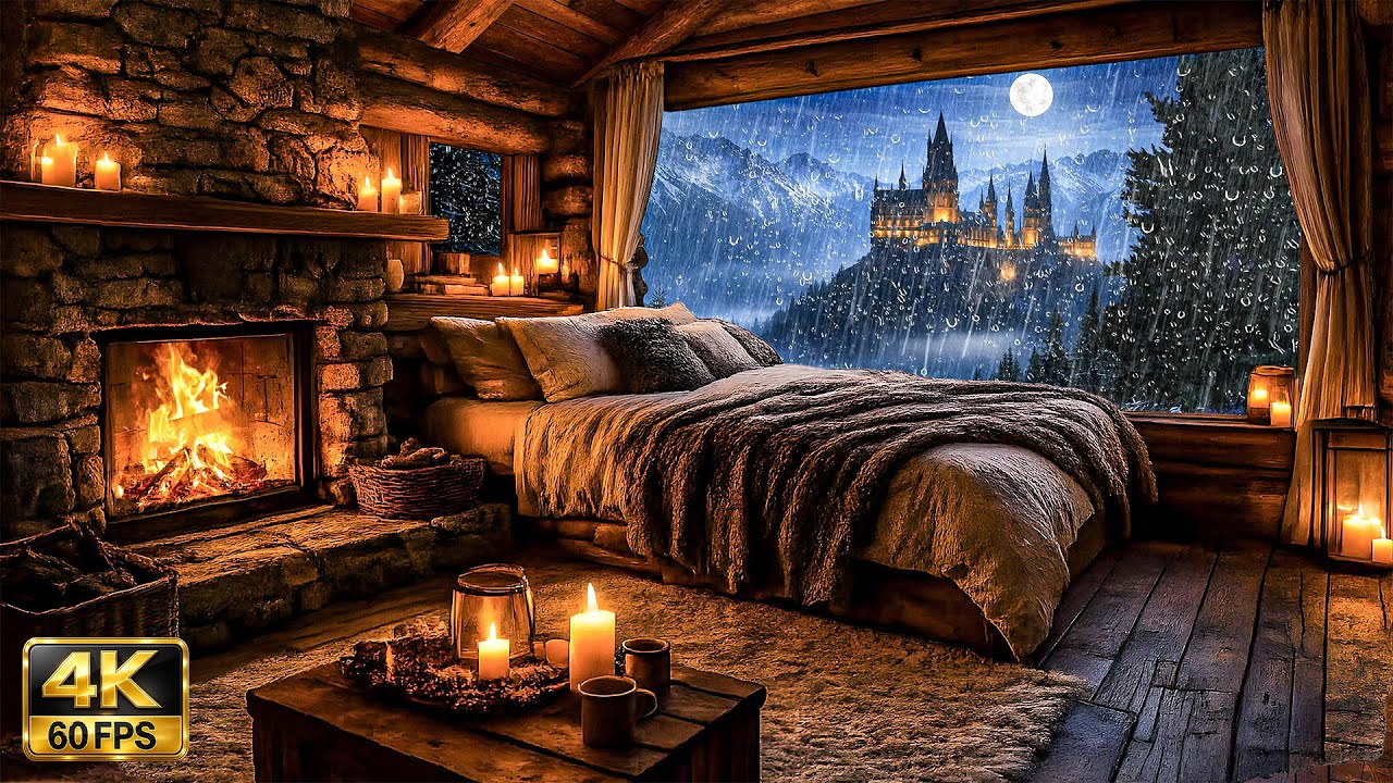 Cozy Cabin Bedroom | Fireplace, Rain & Gentle Thunder | 11 Hours Ambience