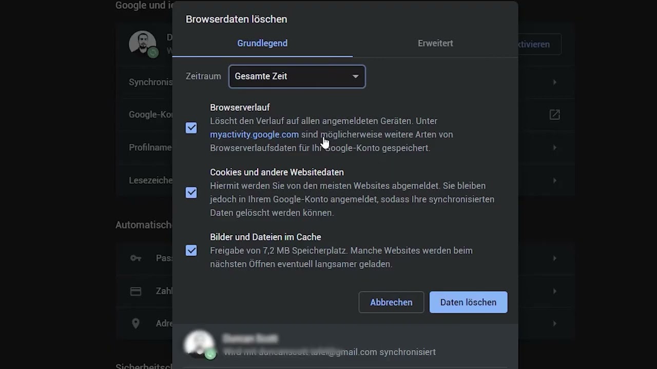 Chrome: Verlauf/Cookies/Passwörter löschen
