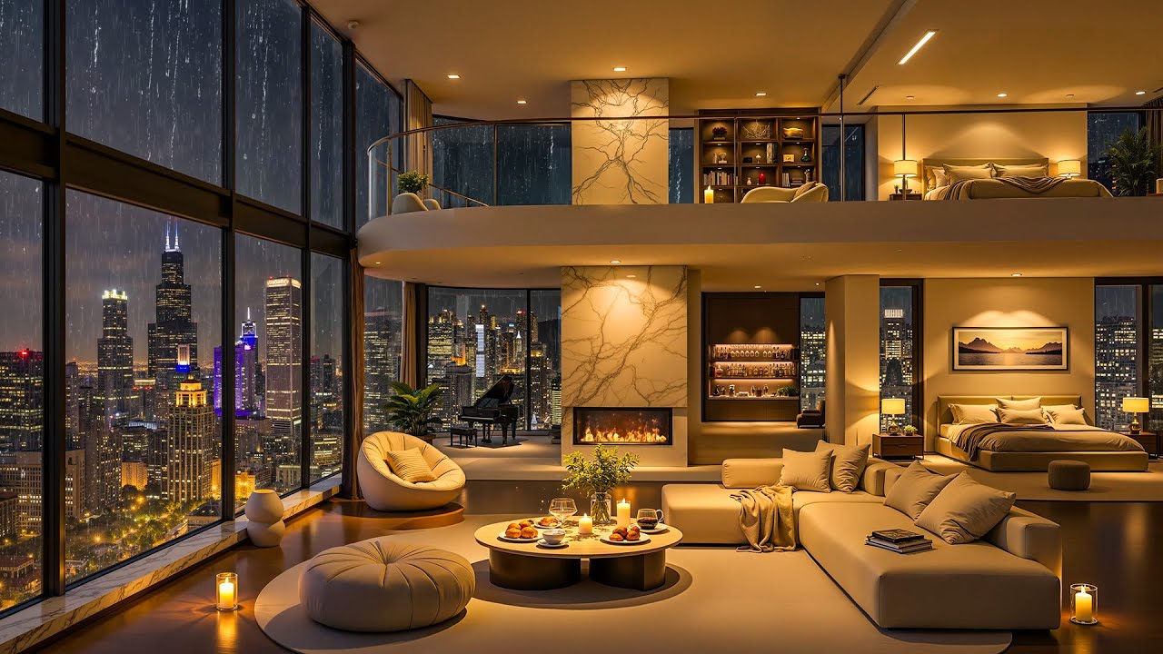 Rainy Night Jazz in Cozy Apartment Ambience 🌧️ Relaxing Piano Jazz Music & Rain Sounds to Deep Sleep