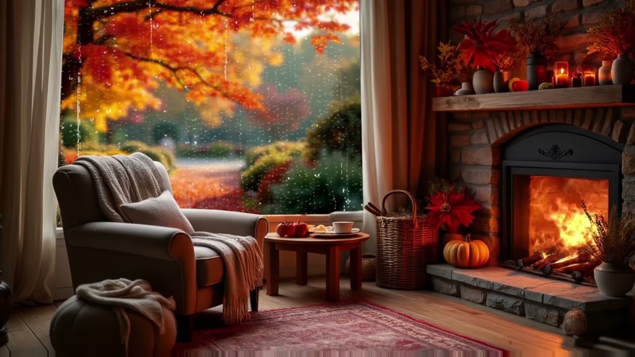 Rainy autumn day with burning fireplace cozy time 🔥🍁🍂Relaxingvideo