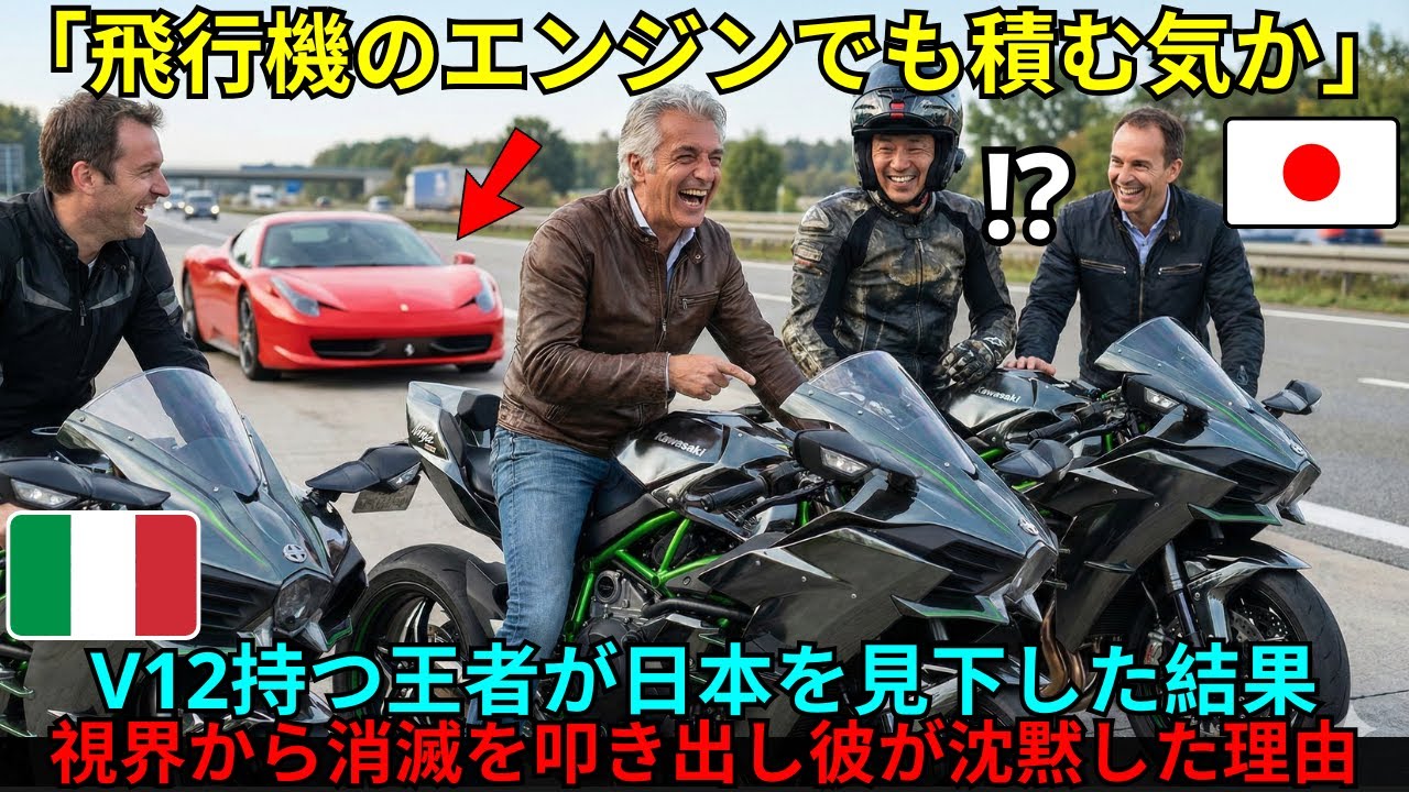 【海外の反応】「飛行機のエンジンでも積む気か？」フェラーリオーナーが嘲笑したカワサキの怪鳥。アウトバーンで物理法則が崩壊した瞬間、イタリア人が見た日本の本気。