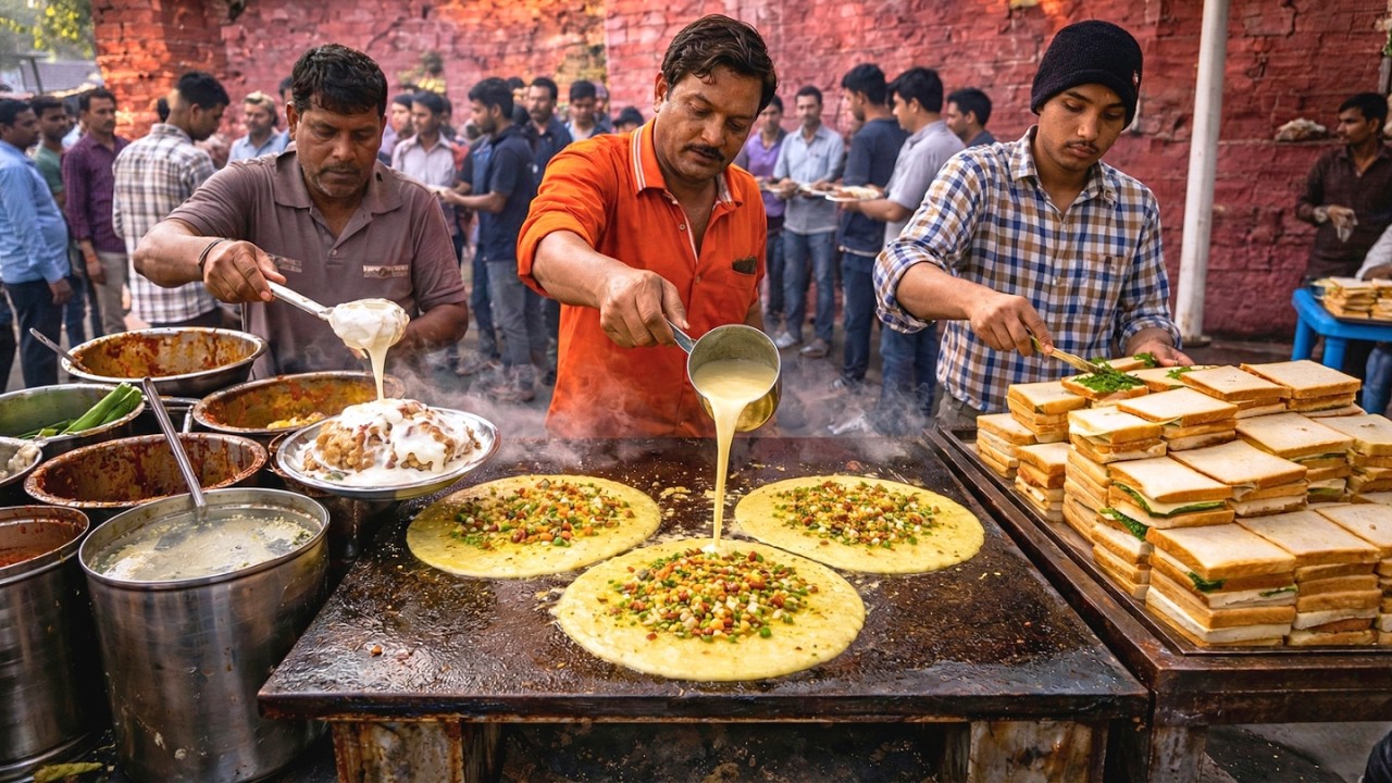 Inside India’s Busy Street Food Stall | Chilla Dosa, Sandwich & Dahi Vada Marathon