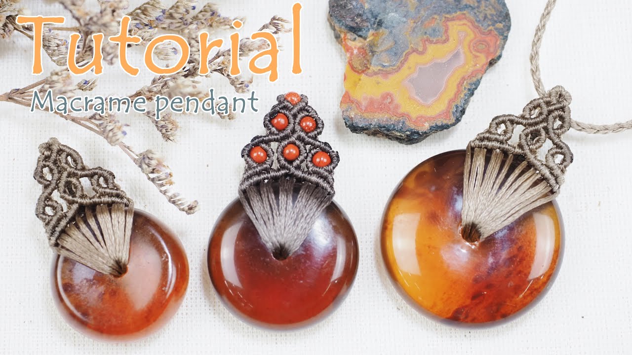 How to make macrame pendant tutorial,Gemstone amber,Waxed cord,Handmade,knot,สอนถักเชือกเทียน