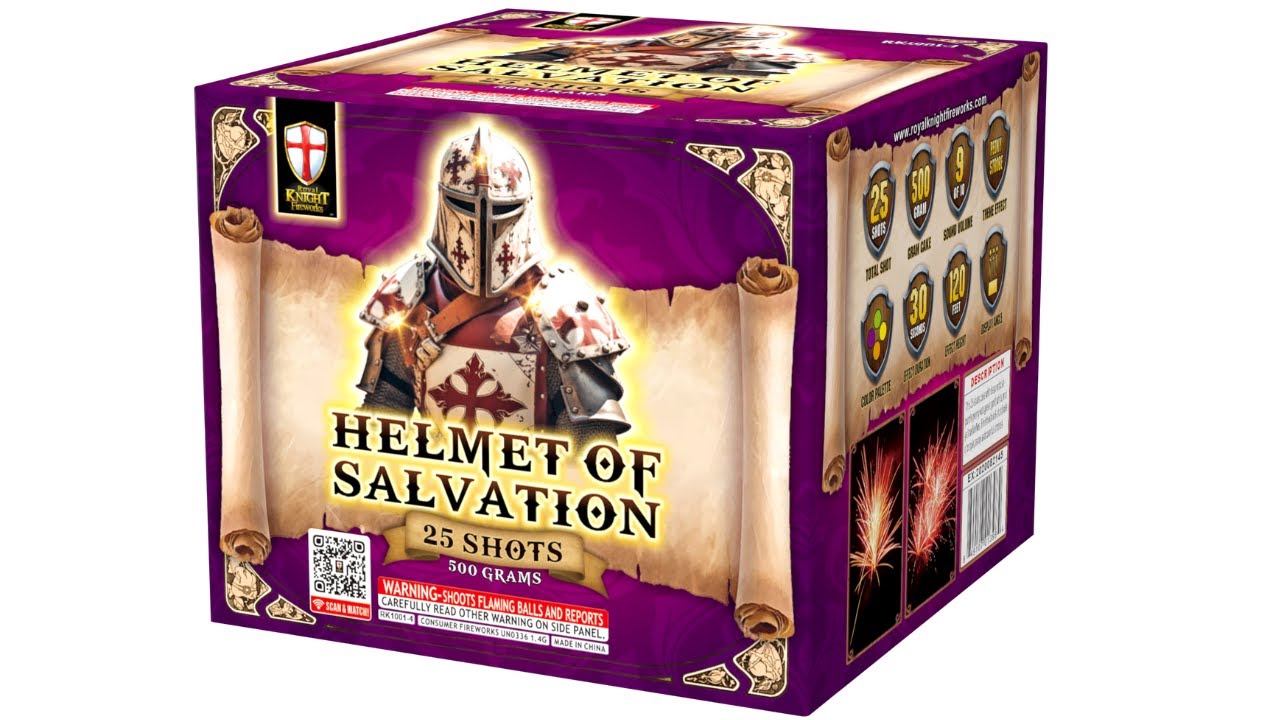 HELMET OF SALVATION -- 25 shot 400 gram Premium 1.4g Firework Cake from Royal Knight Fireworks.