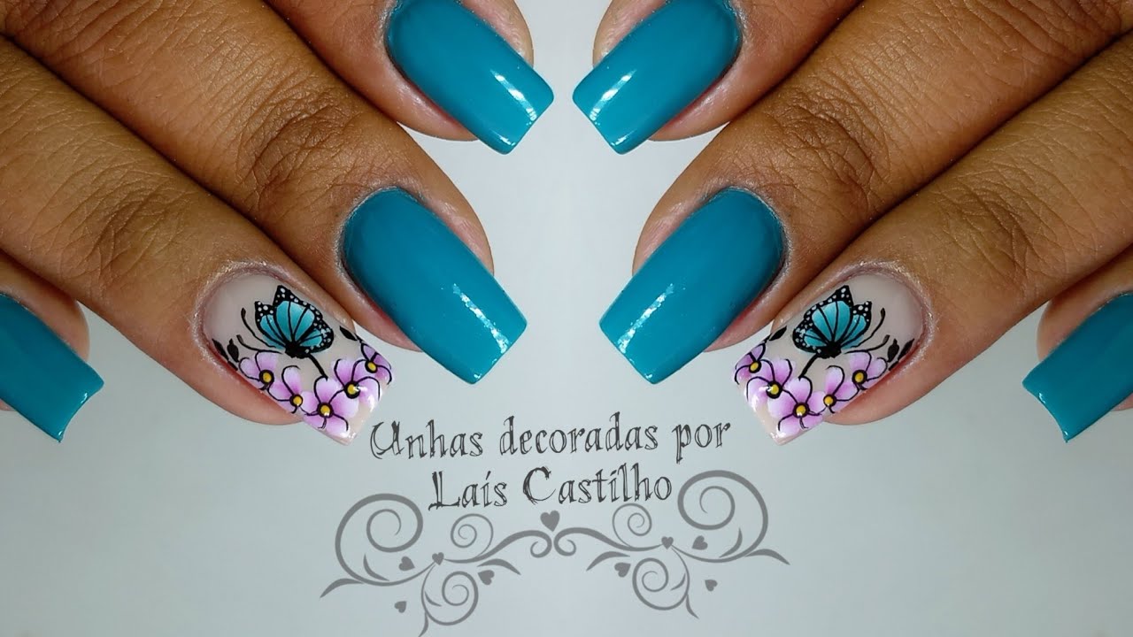 Unhas decoradas flores e borboletas muito fácil
