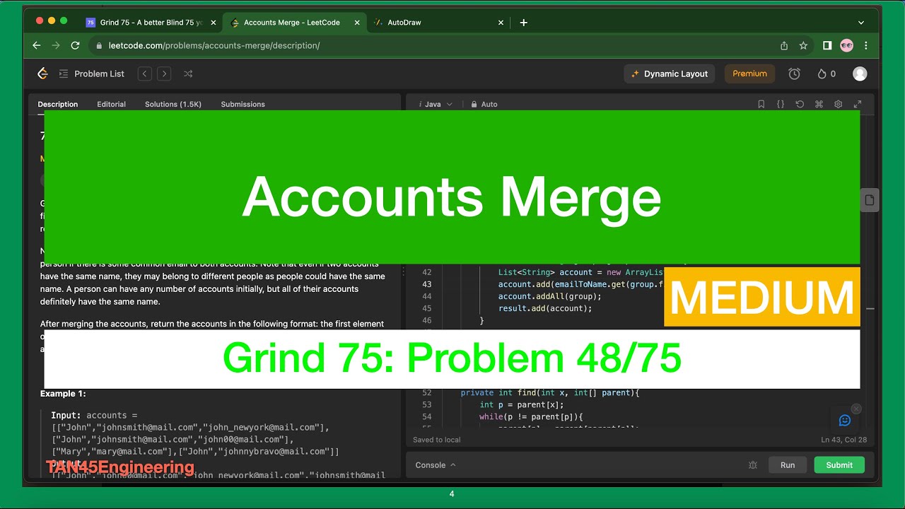 #48 Accounts Merge Problem | Leetcode - Java | Grind 75: Coding Series