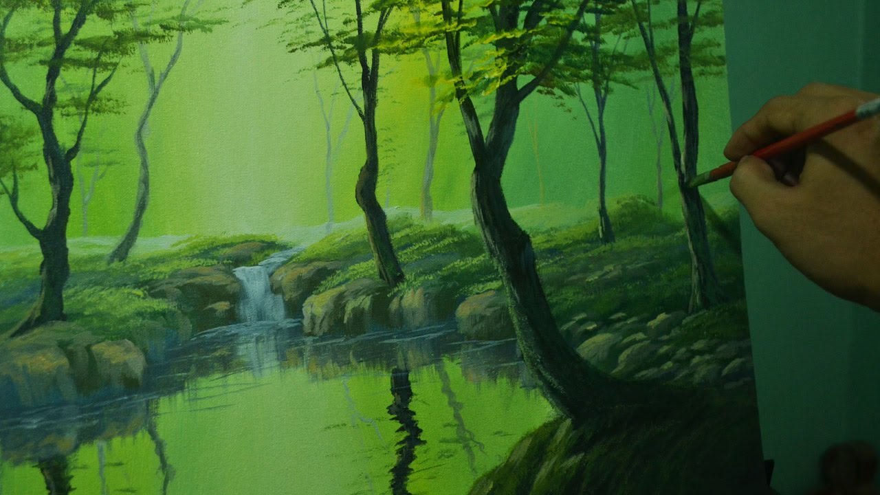 Acrylic Landscape Painting Tutorial - The Misty Forest with a River and water reflections