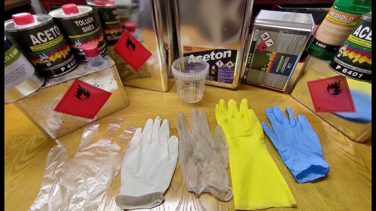 Test rukavic + ochranné pomůcky pro práci s rozpouštědly