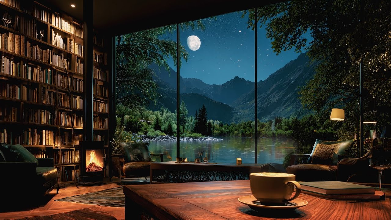 Mountain Therapy Night with the Moon Ambience 🌙 Warm Jazz & Fireplace Sounds for Calm Mind
