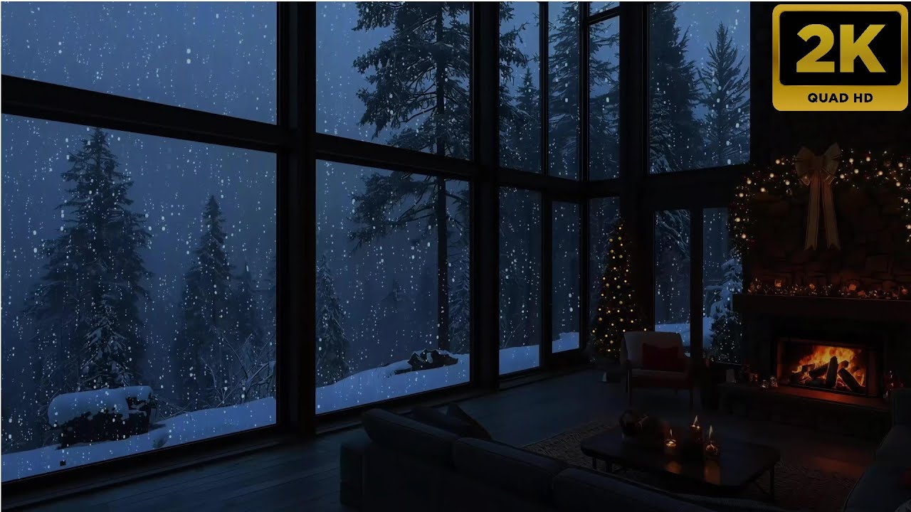 ❄️​​🎄​ Cozy Snowfall Beyond the Window | Relaxing Fireplace Night Ambience ​🔥​🌙​