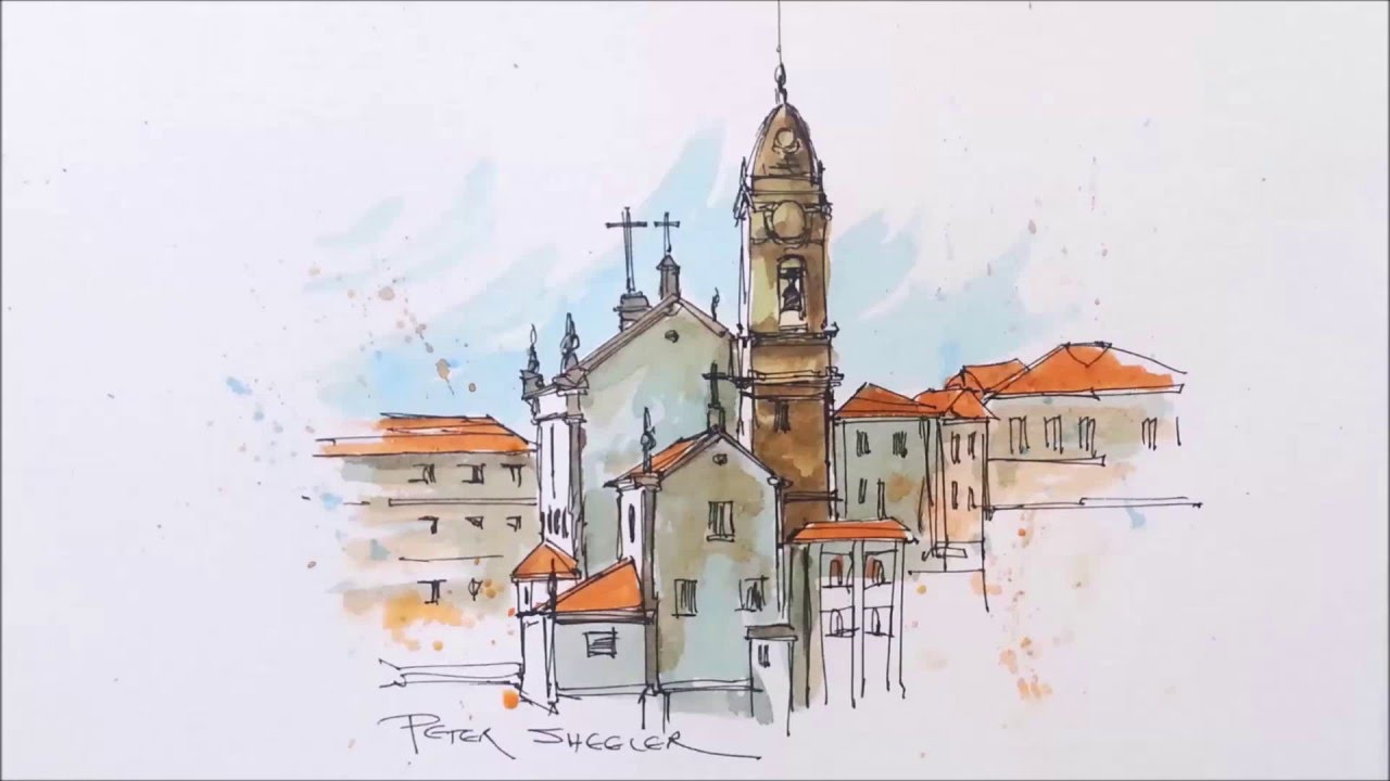 A Water Brush Demonstration. line and wash watercolour of a Cathedral in Portugal