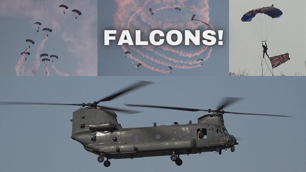 Parachute jump from Chinook helicopter (RAF Falcons Parachute Display Team)
