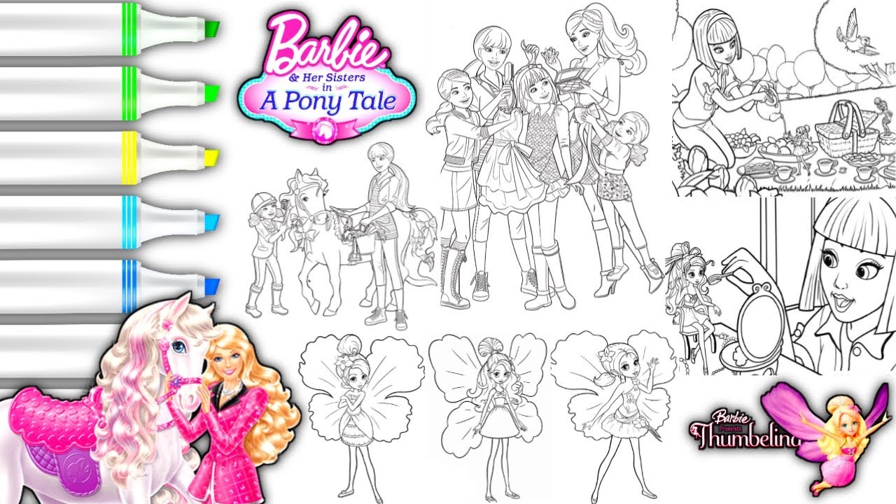 Barbie cartoon movies Coloring Pages | Barbie Thumbelina | Barbie & Her sisters in a Pony tail