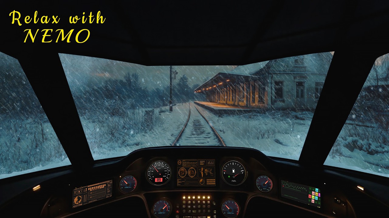 Relaxing Night Train Cab Ride Through an Icy Snowstorm 🚆 Dimly Lit Train Locomotive Cockpit Ambience