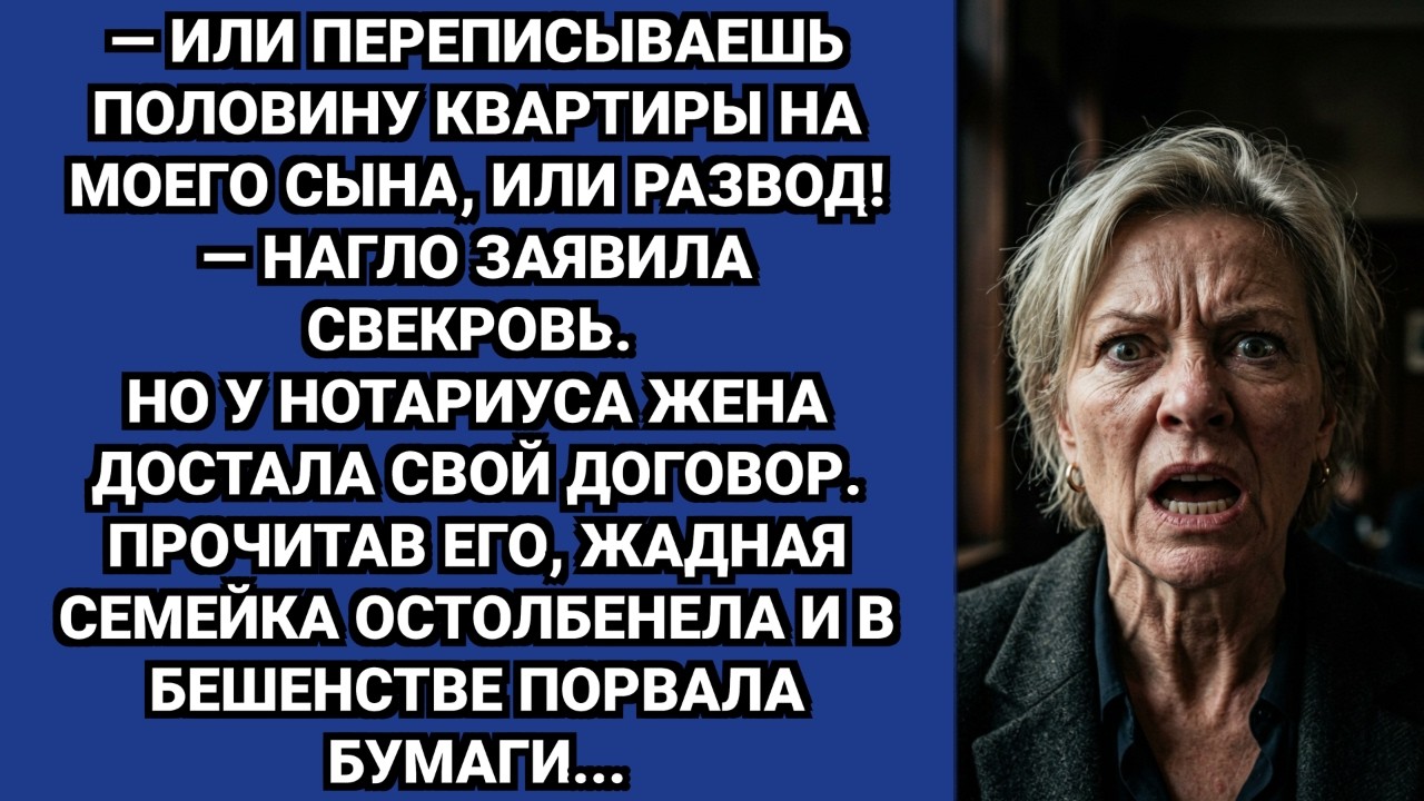 — Либо переписываешь квартиру на мужа, либо развод! — заявила свекровь. Но невестка…